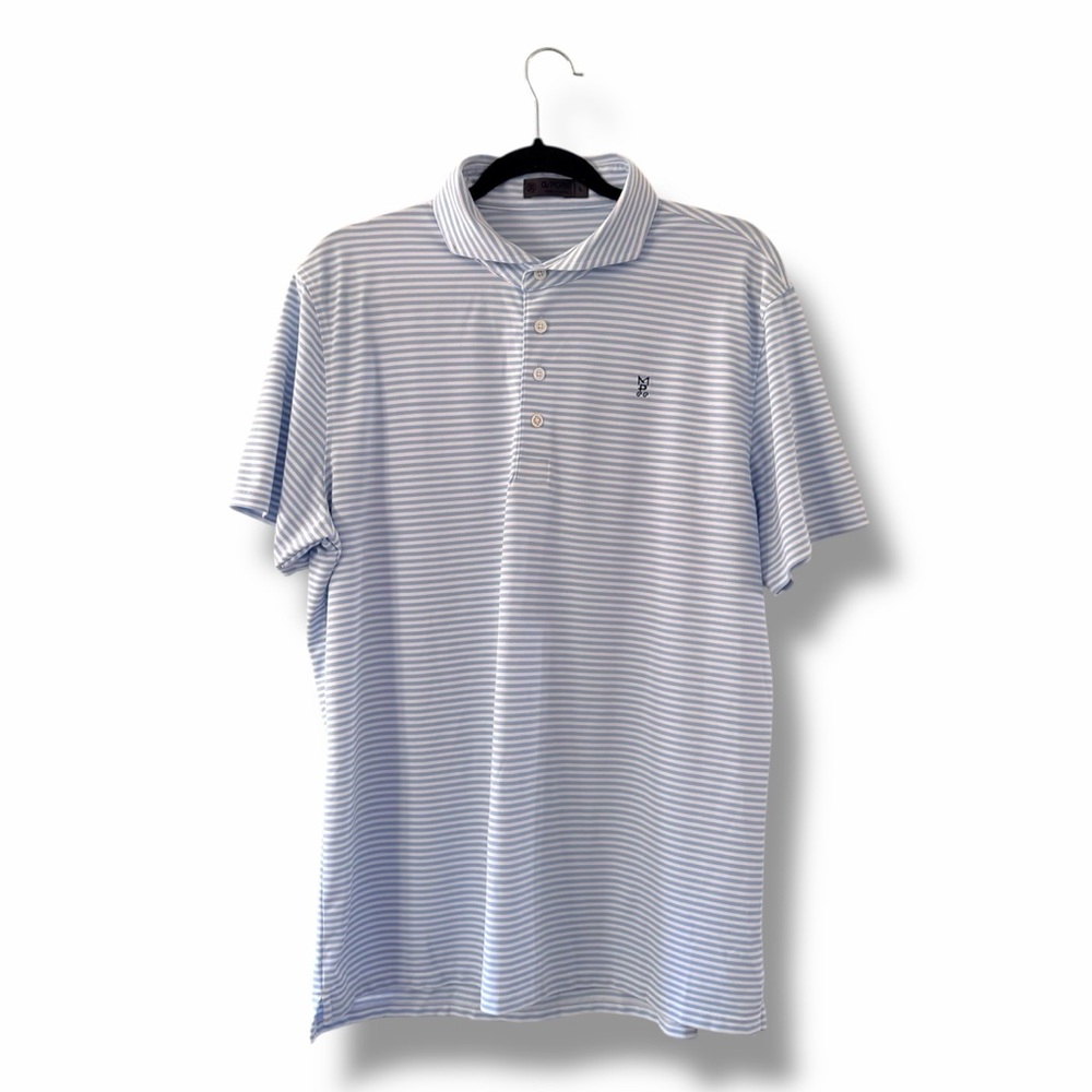 G/FORE Men’s Sky Blue & White Feeder Stripe Modern Tech Piqué Golf Polo Large